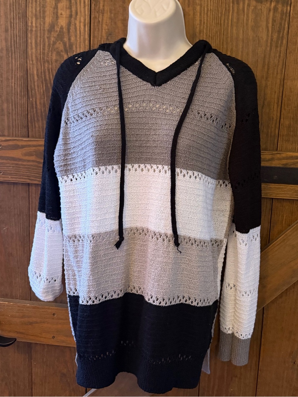 Source Unknown Striped V-Neck Hoodie Sweater in Black, Gray & Cream